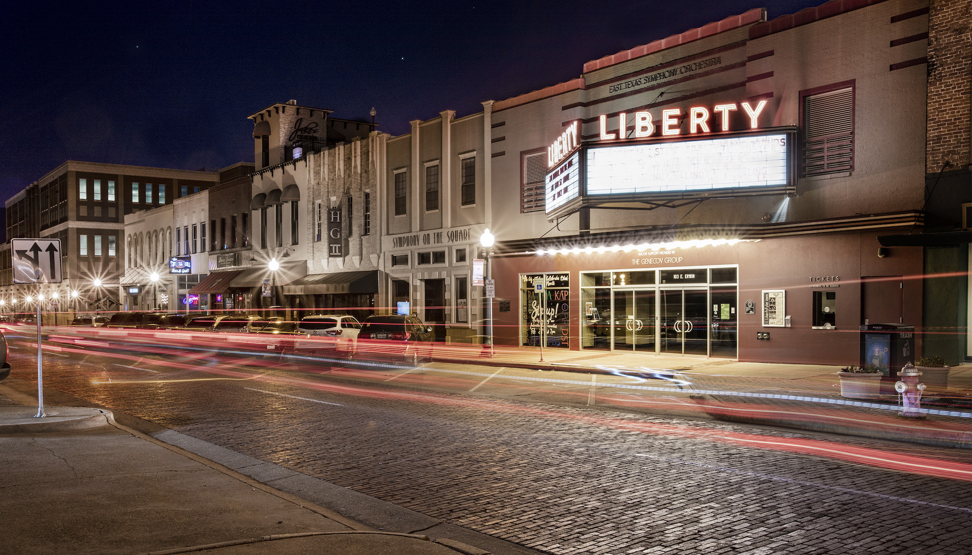 nighttime photo of liberty hall in tyler tx